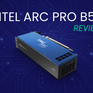 An Intel Arc B50 at an isometric angle on a blue field with white tracer pattern. Above the B50 is the article title in white and green.