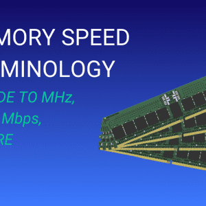 Post title "Memory Speed Terminology" and text "a guide to MHz, MT/s, Mbps, and more" with a picture of four memory modules on a blue gradient background