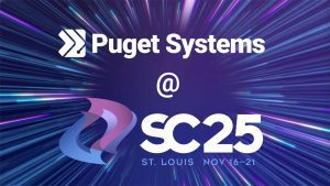 Puget Systems at Supercomputing 2025 on a warp-style background