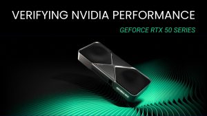 Featured Image for Verifying NVIDIA GeForce RTX 50 Series Performance Article Showing a GeForce RTX 5090 on NVIDIA's Ribbon Pattern Background in Puget Green