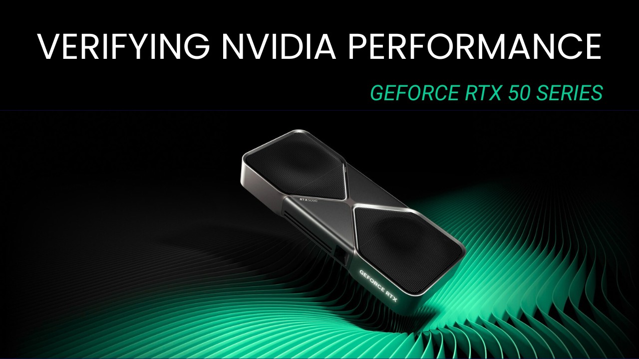 Featured Image for Verifying NVIDIA GeForce RTX 50 Series Performance Article Showing a GeForce RTX 5090 on NVIDIA's Ribbon Pattern Background in Puget Green