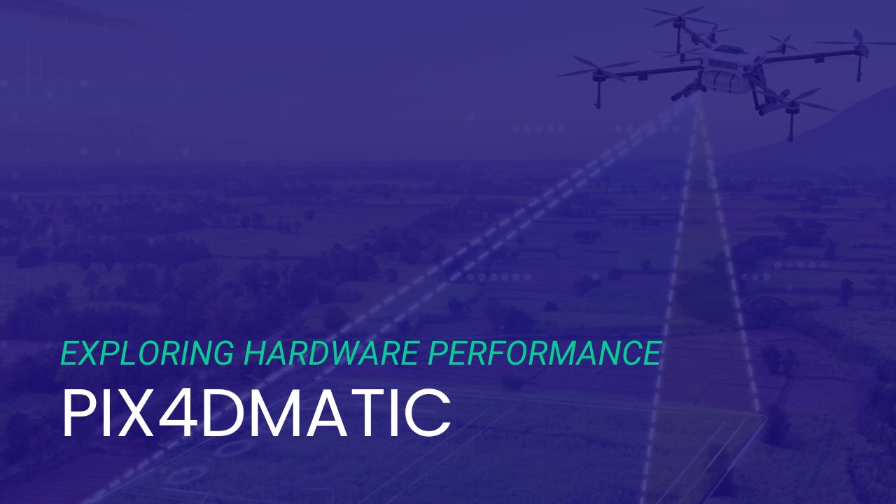 Featured Image for Exploring PIX4Dmatic Hardware Performance with Title Overlaid on Artistic Rendering of a Drone Surveying Farmland