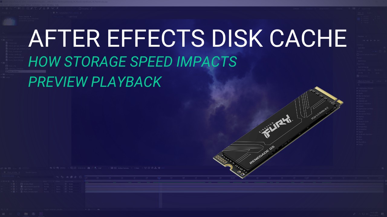 Featured Image for After Effects Disk Cache Article with Title and Kingston Fury Renegade M.2 SSD Overlaid on an After Effects Screenshot