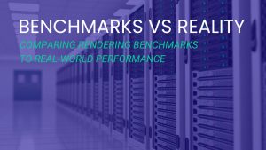 Rendering Benchmarks vs Reality Article Featured Image with Text Overlaid on a Picture of a Datacenter