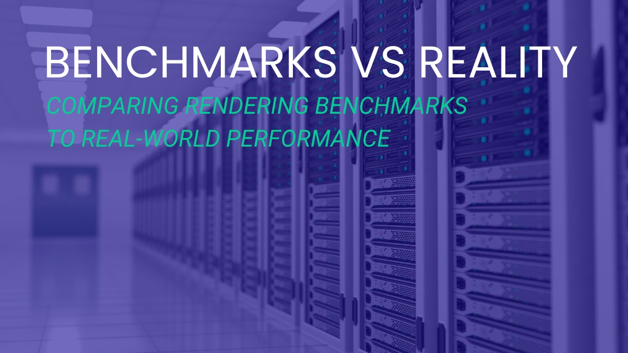Rendering Benchmarks vs Reality Article Featured Image with Text Overlaid on a Picture of a Datacenter
