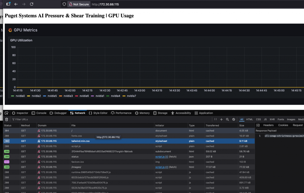 Screenshot of Puget Systems AI Training Demo GPU Usage Monitor Showing No Load