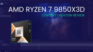 AMD Ryzen 7 9850X3D Content Creation Review Featured Image with AMD CPU box overlaid on a screenshot of After Effects