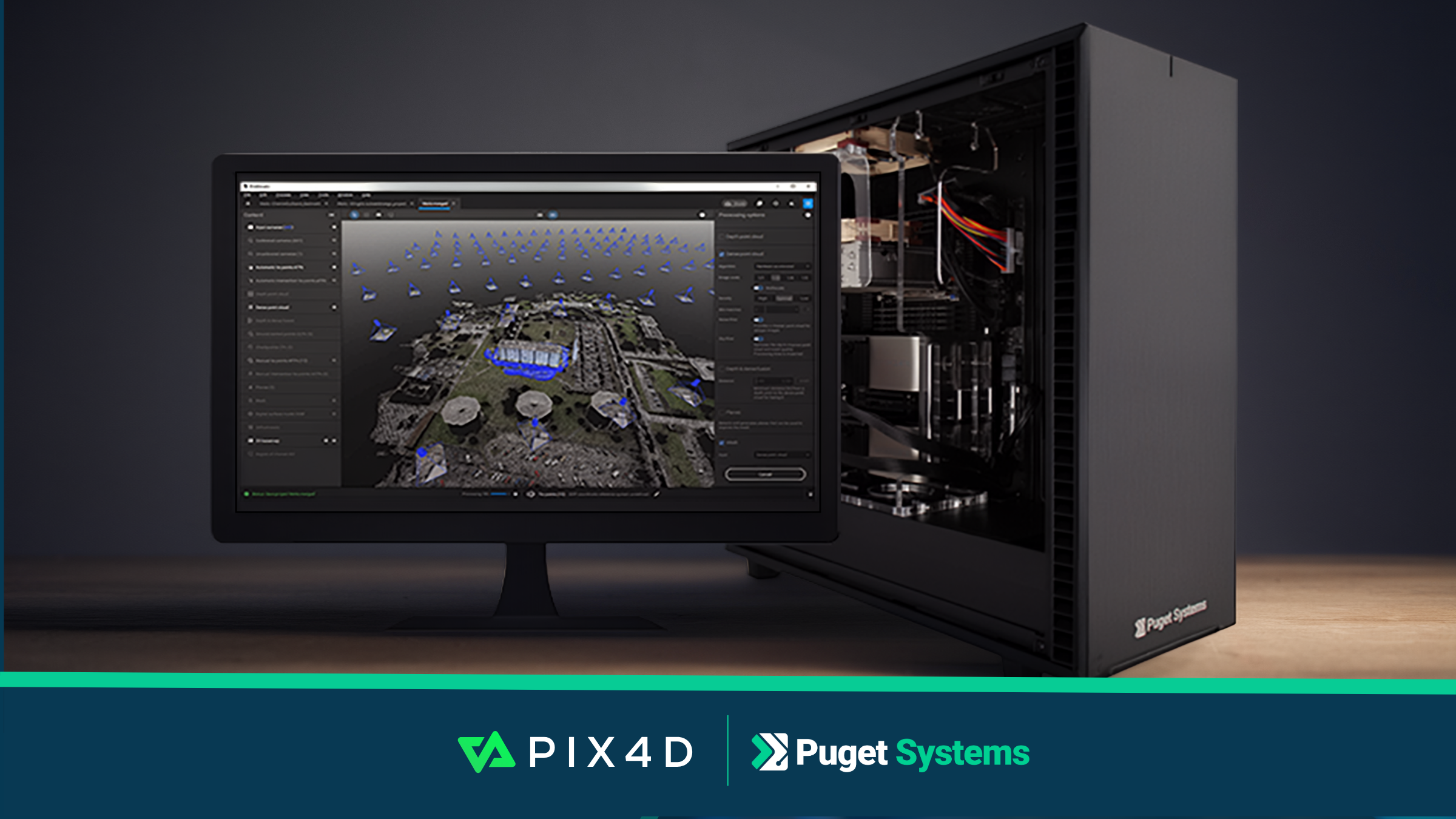 Featured Image for Pix4D and Puget Systems Partnership Announcement Press Release Showing a Puget Systems Workstation with Pix4D Running on the Monitor