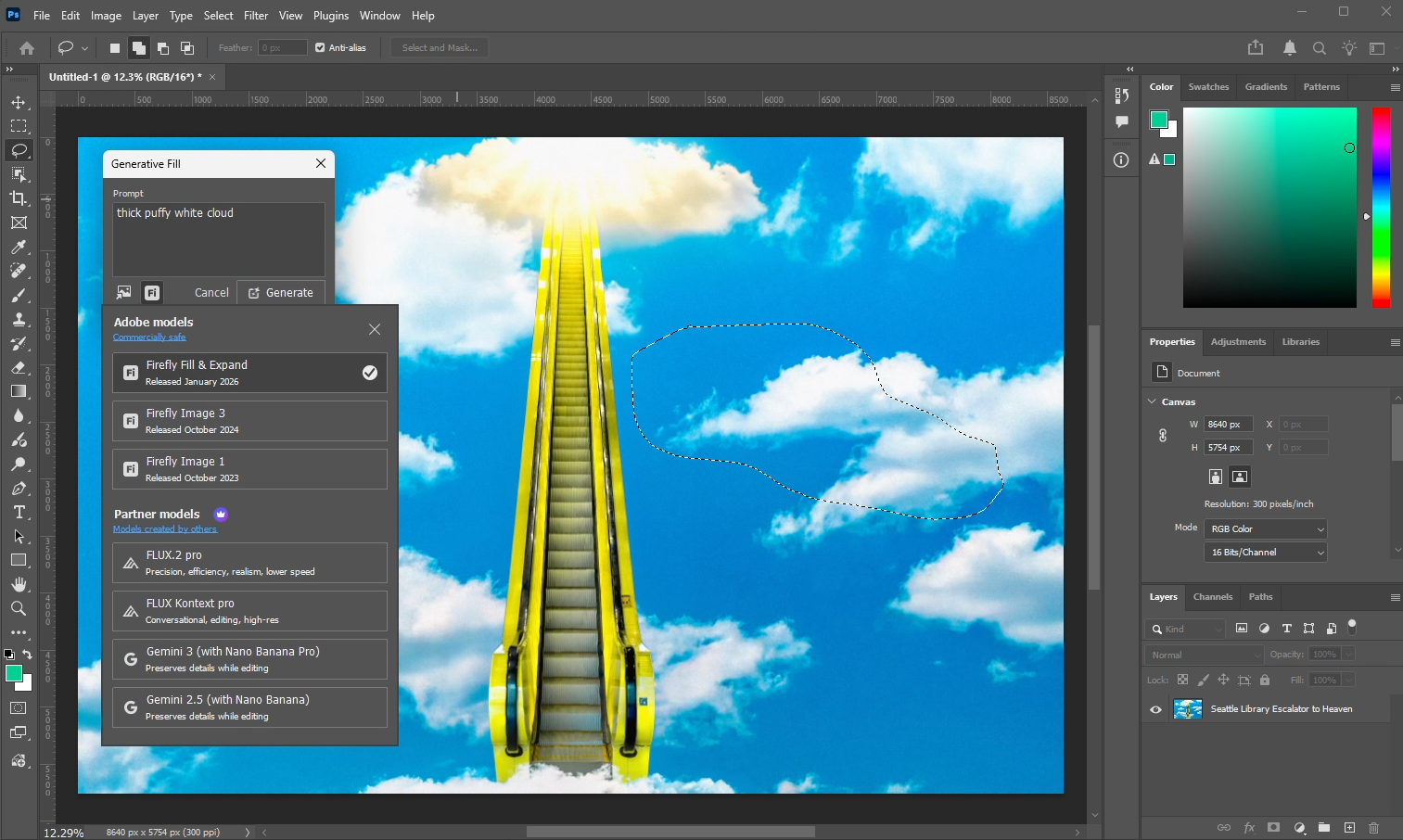 Adobe Photoshop UI showing the Generative Fill tool and available Generative AI models that can be used for editing.