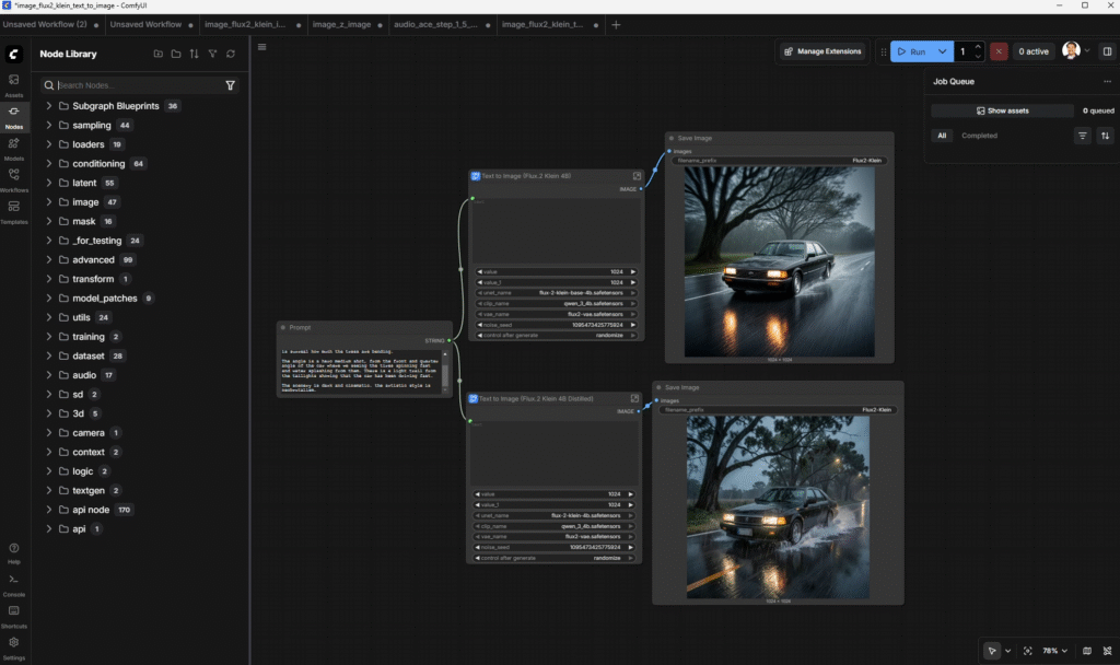 ComfyUI interface with a node-based workflow utilizing the Flux.2 Klein 4B model for generating images.