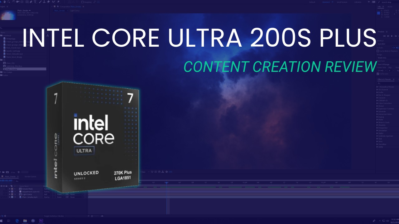 Featured Image for Intel Core Ultra 200S Plus Content Creation Review with CPU Box and Title Overlaid on Adobe Software Screenshot