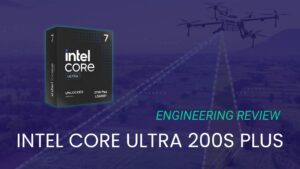 Featured Image for Intel Core Ultra 200S Plus Engineering Review with CPU Box and Title Overlaid on Drone Scanning Artwork Background