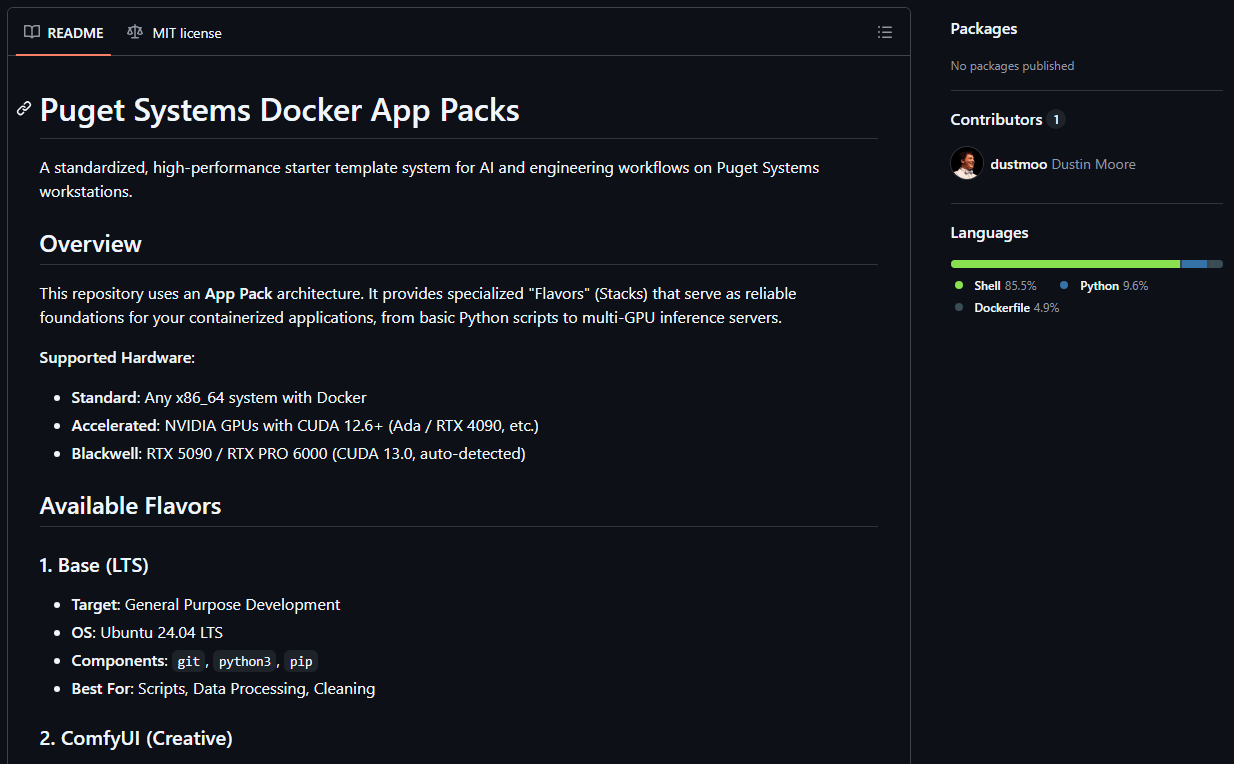 Screenshot Showing Puget Systems App Packs on GitHub