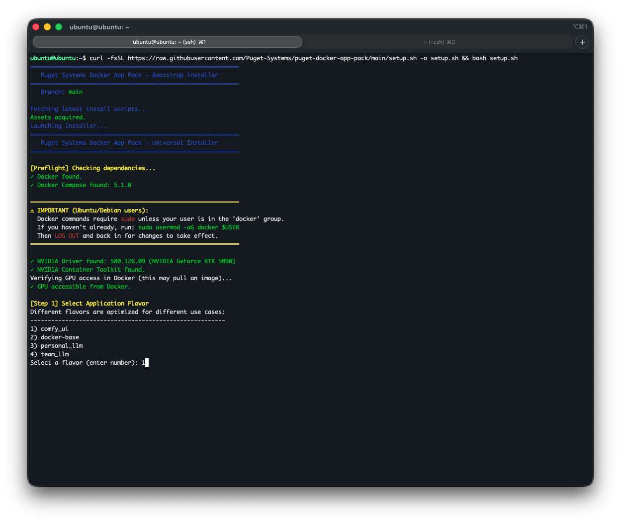 Screenshot of Ubuntu Terminal Showing Interactive Package Options for comfy_ui and Personal and Team Chat Options.