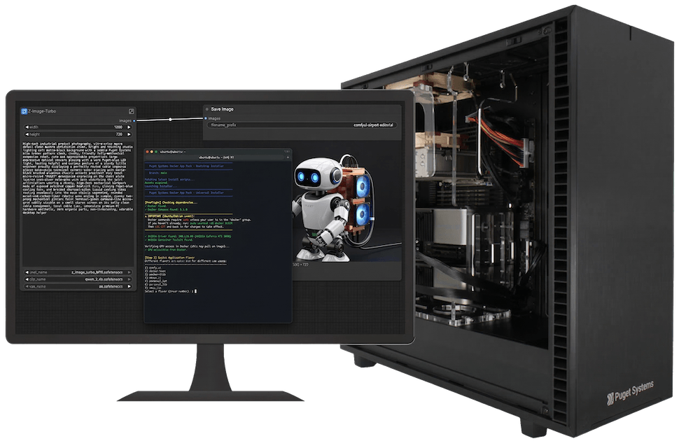 Puget Systems Workstation with Screen Showing Example AI Workflow