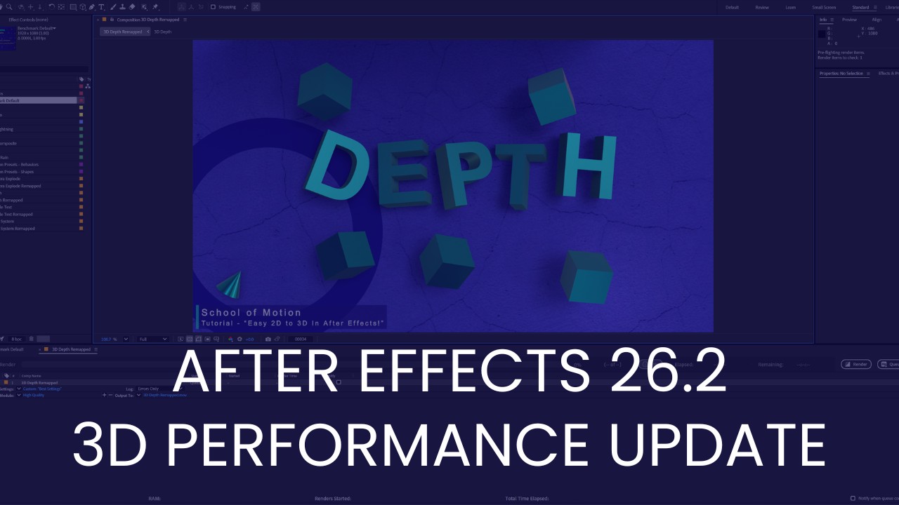Featured Image for After Effects 26.2 3D Performance Update Blog Post with Title Overlaid on Blue-tinted AE Screenshot