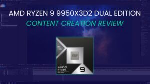 AMD Ryzen 9 9950X3D2 Dual Edition Review Featured Image with Title and CPU Box Picture Overlaid on Blue-tinted Adobe Screenshot