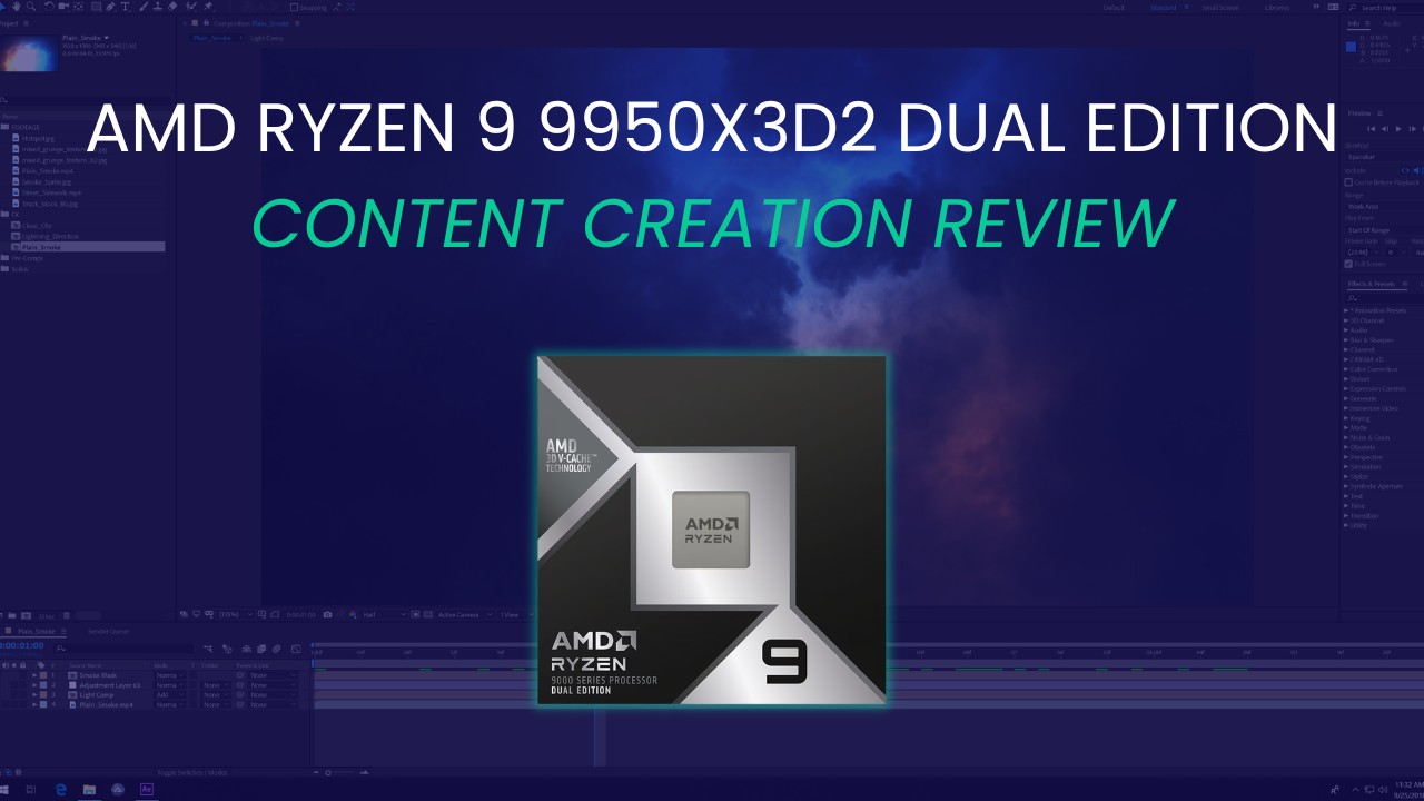 AMD Ryzen 9 9950X3D2 Dual Edition Review Featured Image with Title and CPU Box Picture Overlaid on Blue-tinted Adobe Screenshot