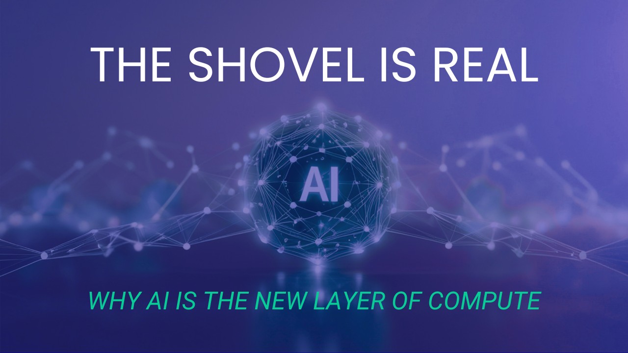 Article Featured Image for The Shovel is Real with Text Overlaid on Artistic Depiction of AI Network