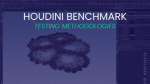 Houdini Benchmark Testing Methodologies Featured Image with Title Overlaid on Blue-tinted Houdini Smoke Simulation Screenshot