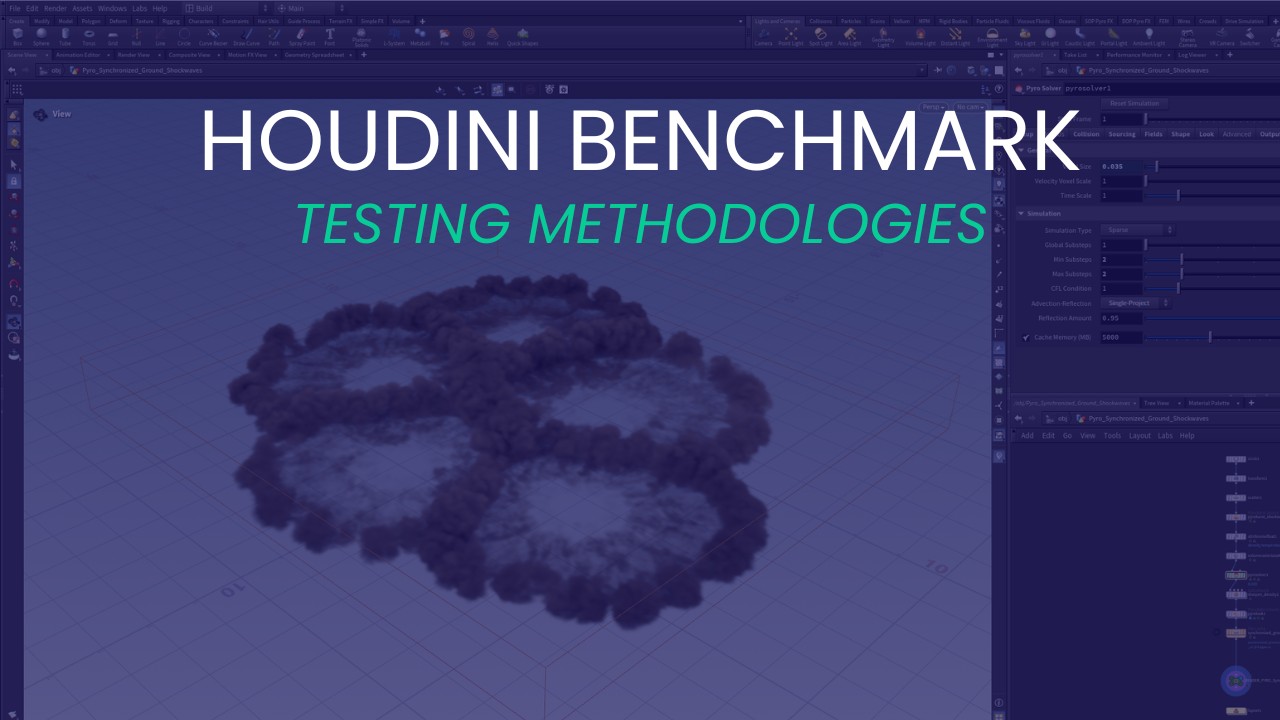 Houdini Benchmark Testing Methodologies Featured Image with Title Overlaid on Blue-tinted Houdini Smoke Simulation Screenshot