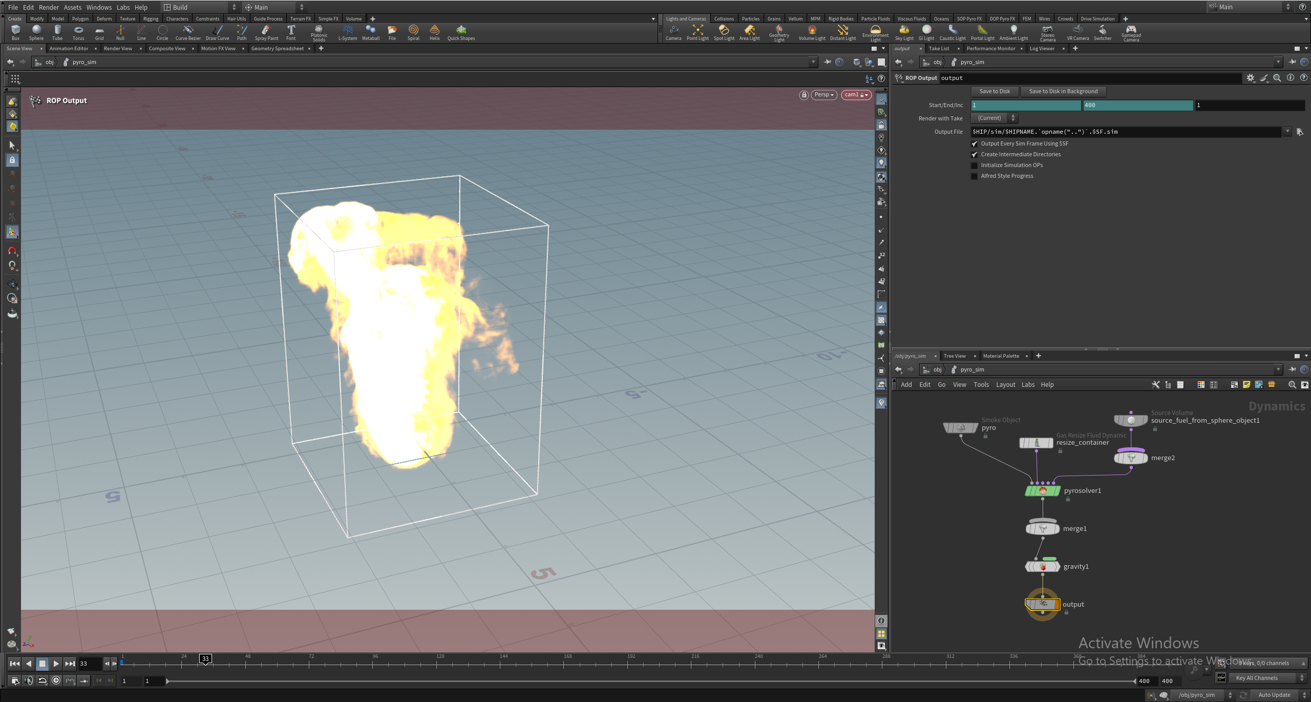 Screenshot of Houdini running a fire simulation