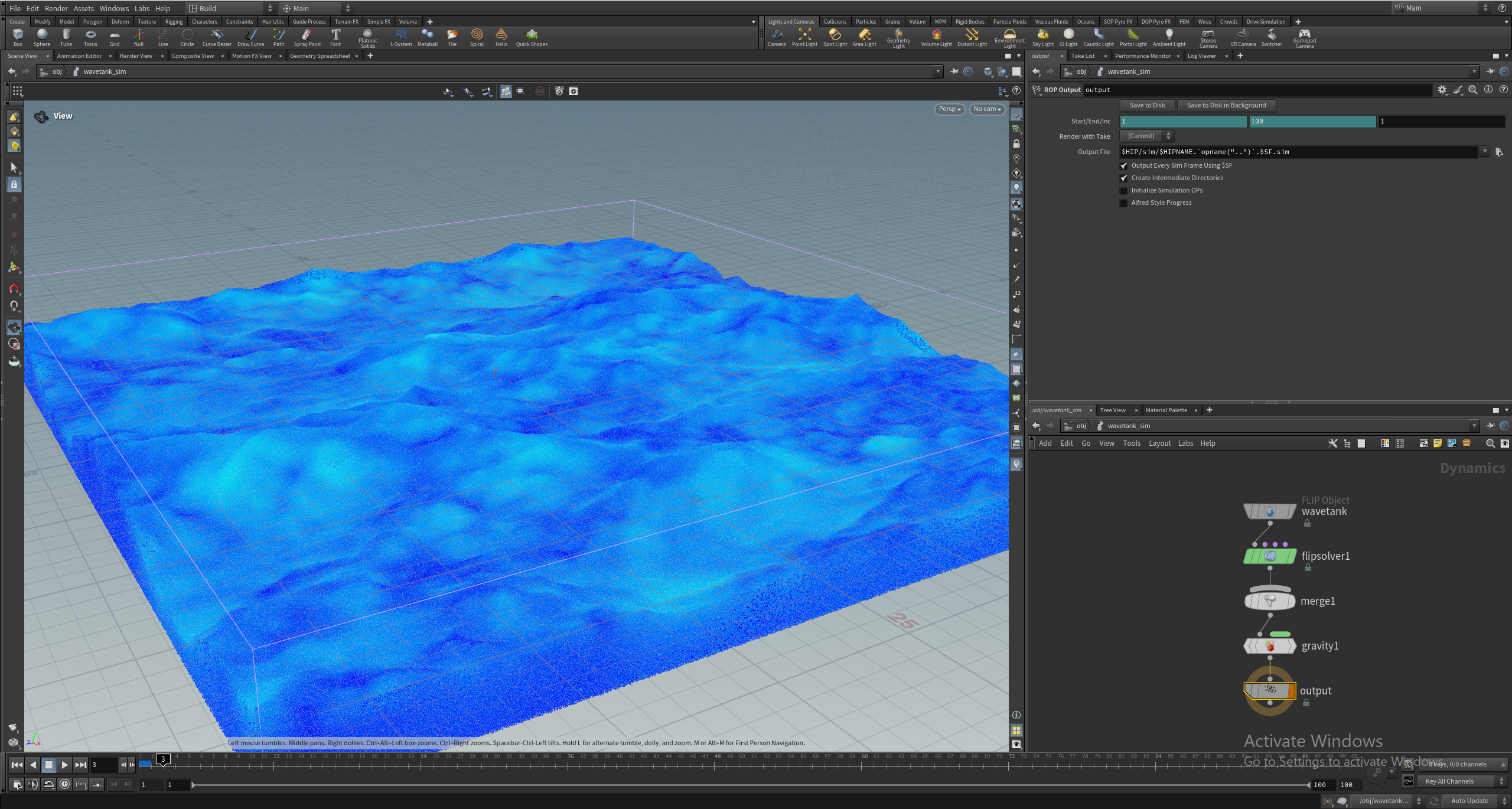 Screenshot of Houdini simulating ocean waves using the FLIP solver