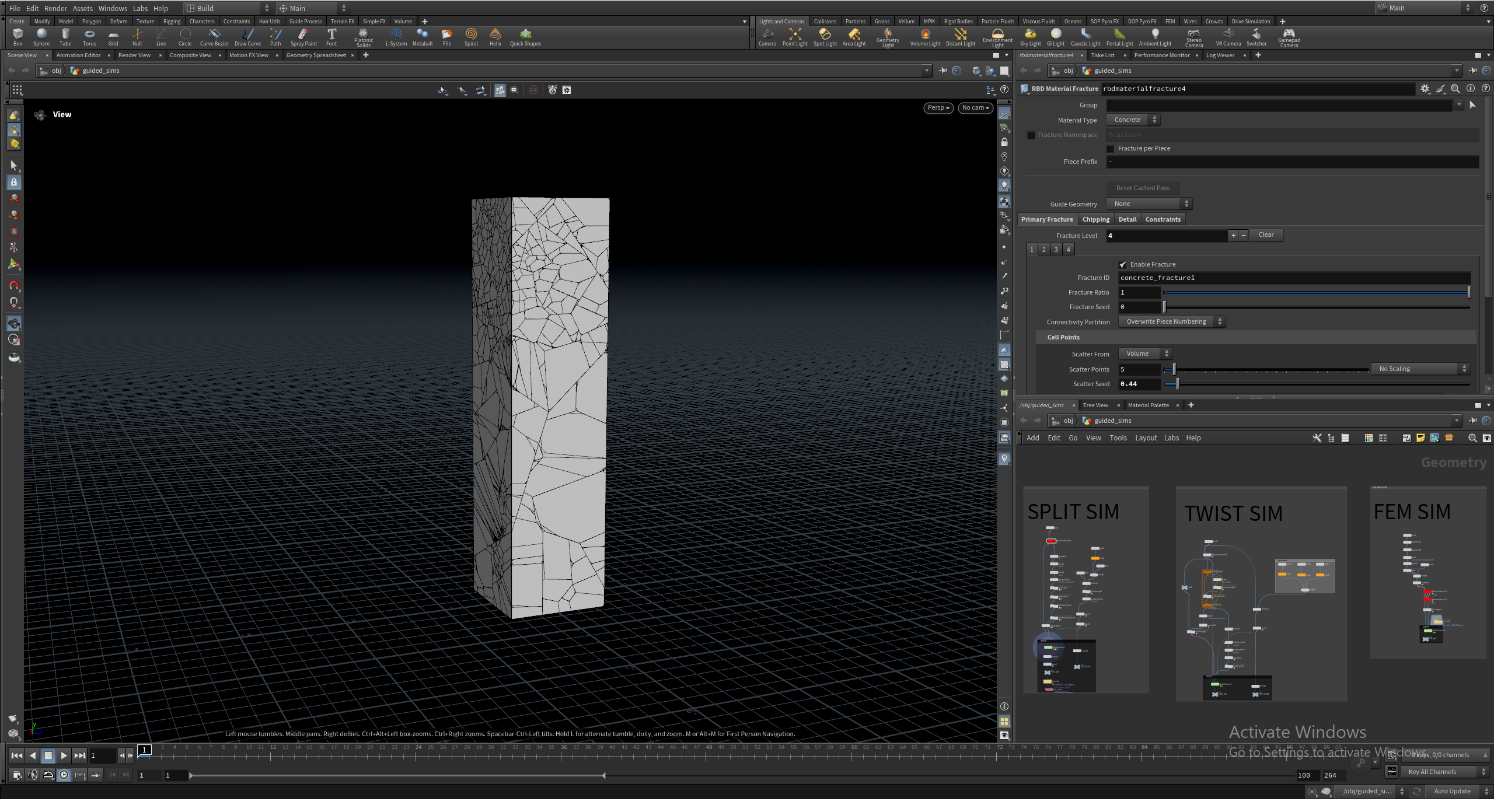 Screenshot of Houdini running a RBD Bullet Time simulation
