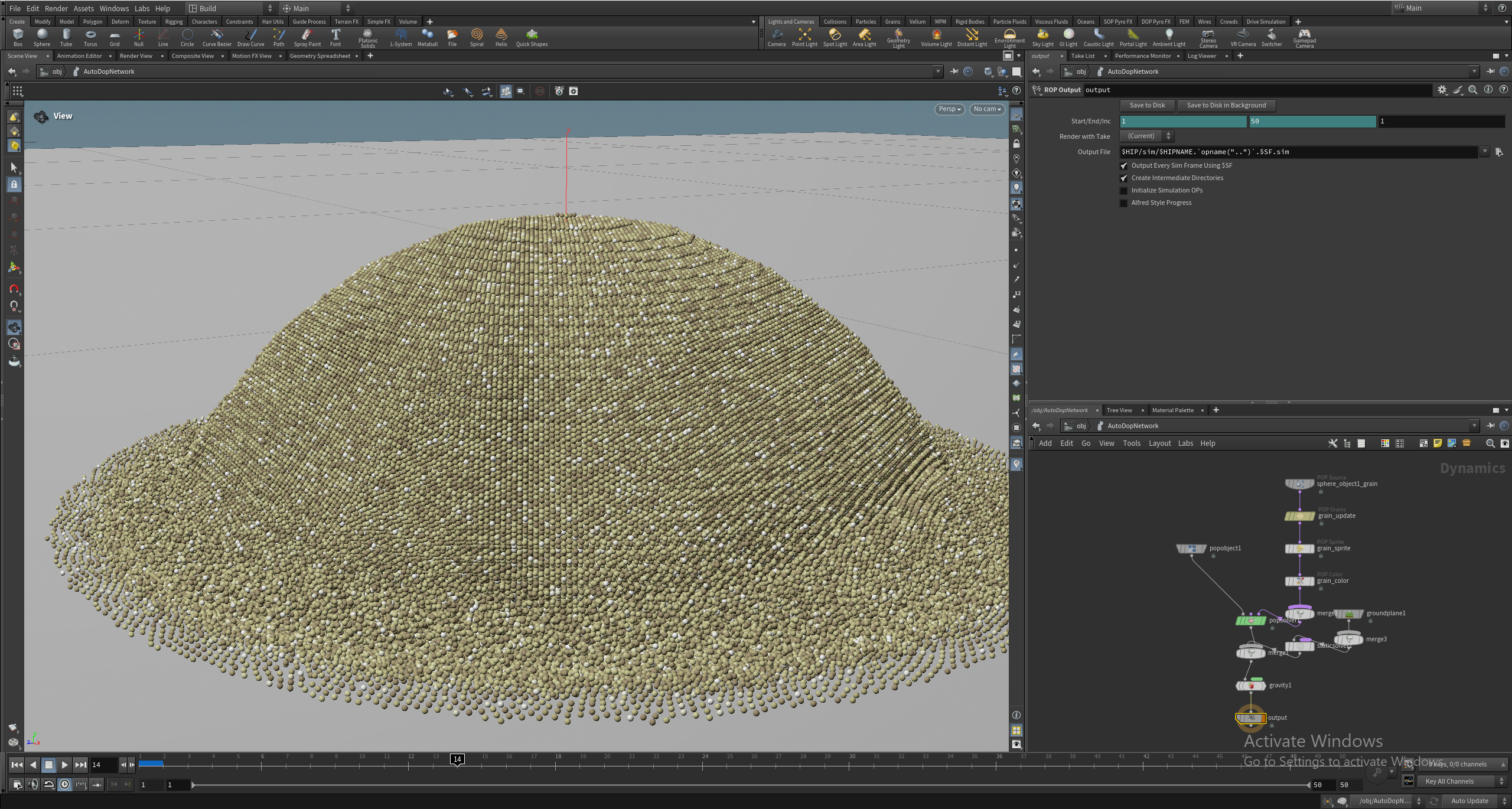 Screenshot of Houdini simulating 700,000 grains falling on the floor.
