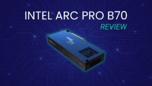 Intel Arc Pro B70 Review Featured Image with Title and Video Card Overlaid on Blue Circuitry Background