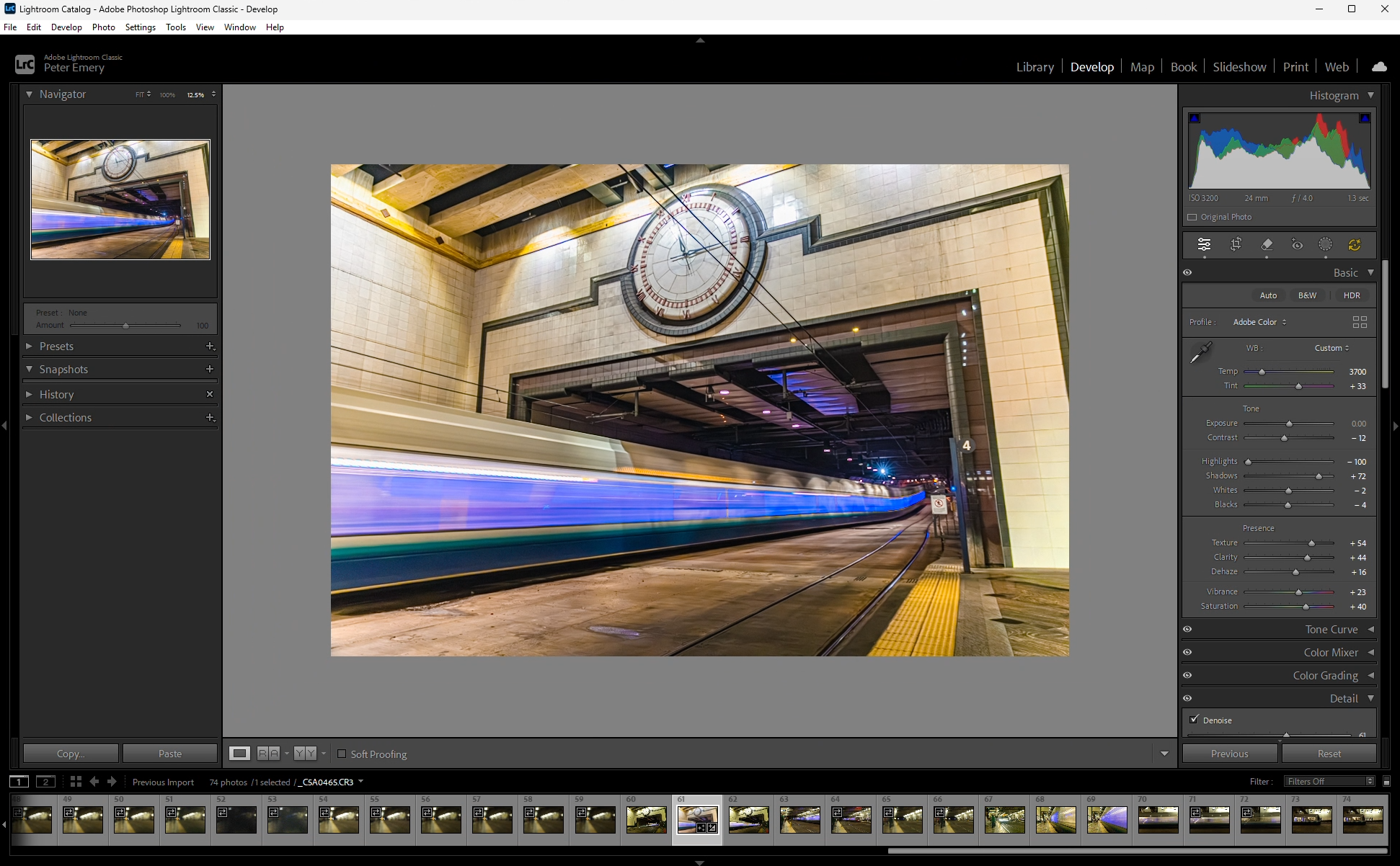 Editing an image of a moving train within Lightroom Classic.