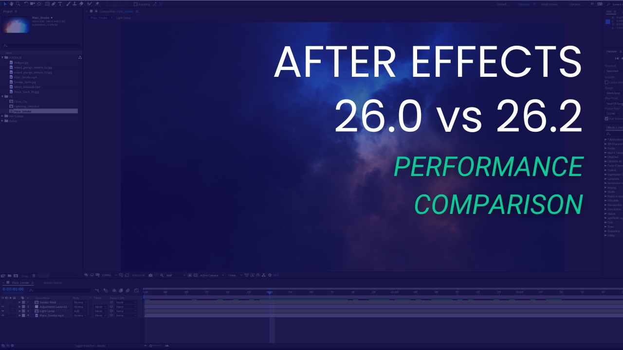 Featured Image for After Effects 26.0 vs 26.2 Performance Comparison Article with Title Text Overlaid on Blue-Tinted AE Screenshot