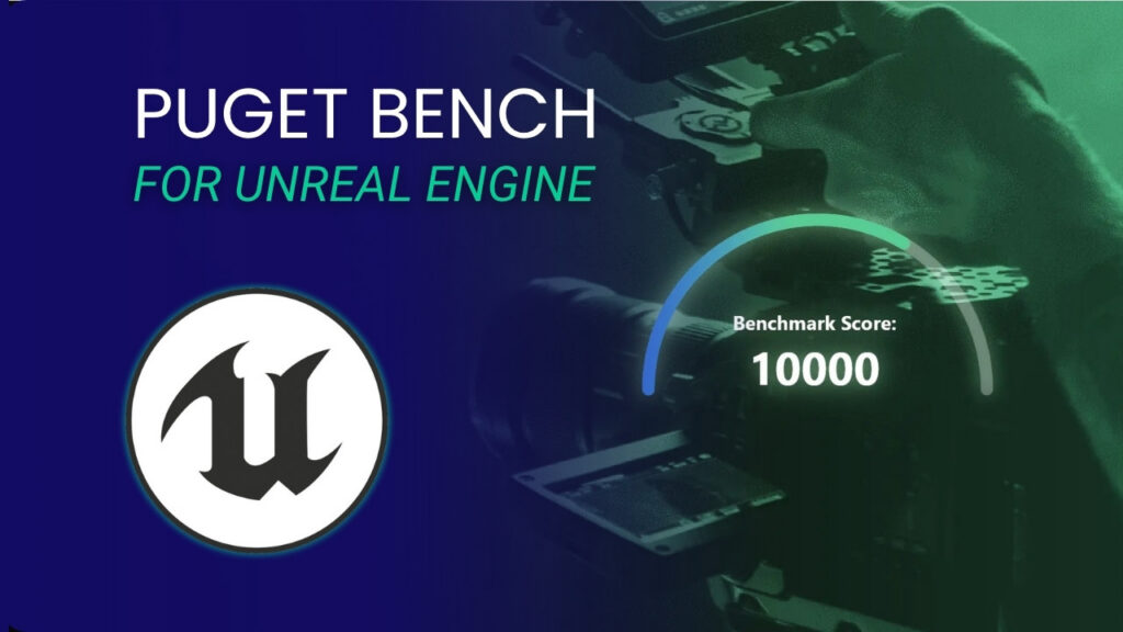 Puget Bench for Unreal Engine Announcement Press Release Featured Image with Unreal Engine Logo and Benchmark Performance Meter