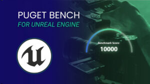 Puget Bench for Unreal Engine Announcement Press Release Featured Image with Unreal Engine Logo and Benchmark Performance Meter