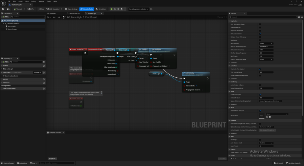 the blueprint created by AI to turn lights on and off as a player enters or leaves.