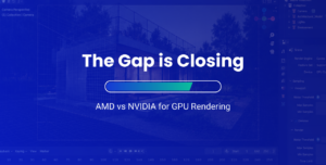 Featured Image for AMD GPU Rendering Performance Article, With "The Gap is Closing" Text Overlaid on a Blue-Tinted Blender Screenshot