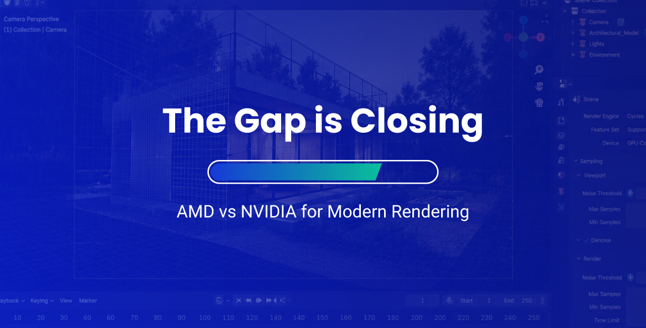 Featured Image for AMD GPU Rendering Performance Article, With "The Gap is Closing" Text Overlaid on a Blue-Tinted Blender Screenshot