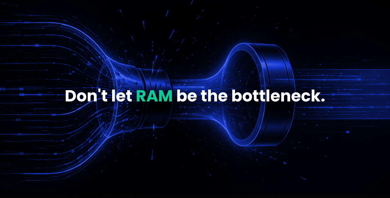 
Featured Image for When Does RAM Capacity Impact Performance Article with Don't Let RAM be the Bottleneck Text Overlaid on Artistic Black and Blue Background