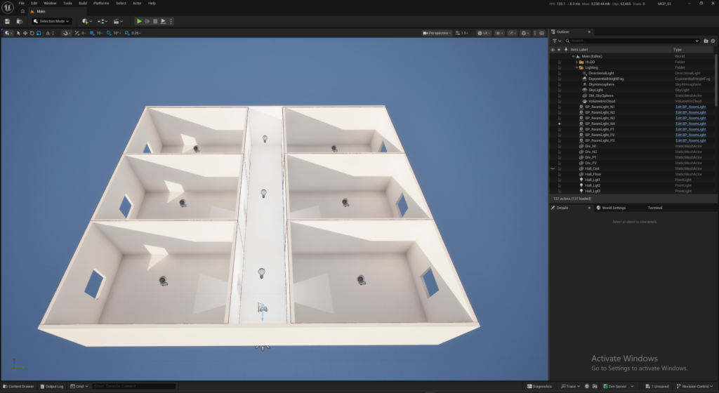 a greybox environment created by AI with a long hallway with three rooms on each side