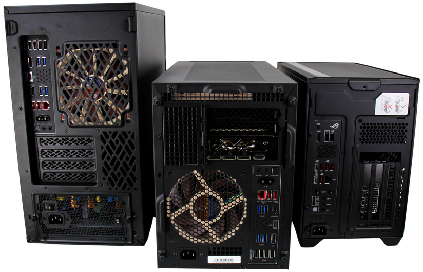 Rear Photo of the SUGO 17 Chassis in Foreground with Define 7 Mini on the Left and NR200P on the Right