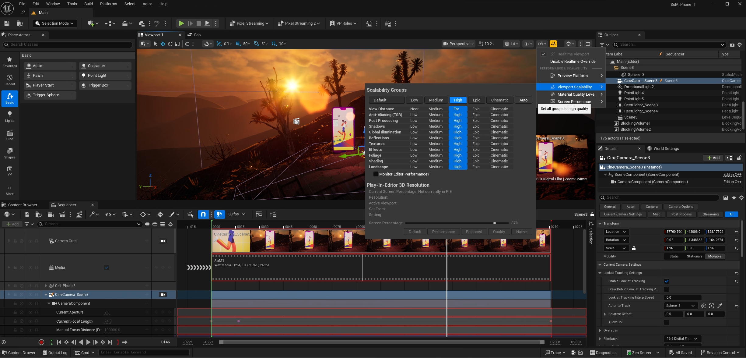 Viewport Scalability Window open in Unreal Engine 5.7 level sequence editor