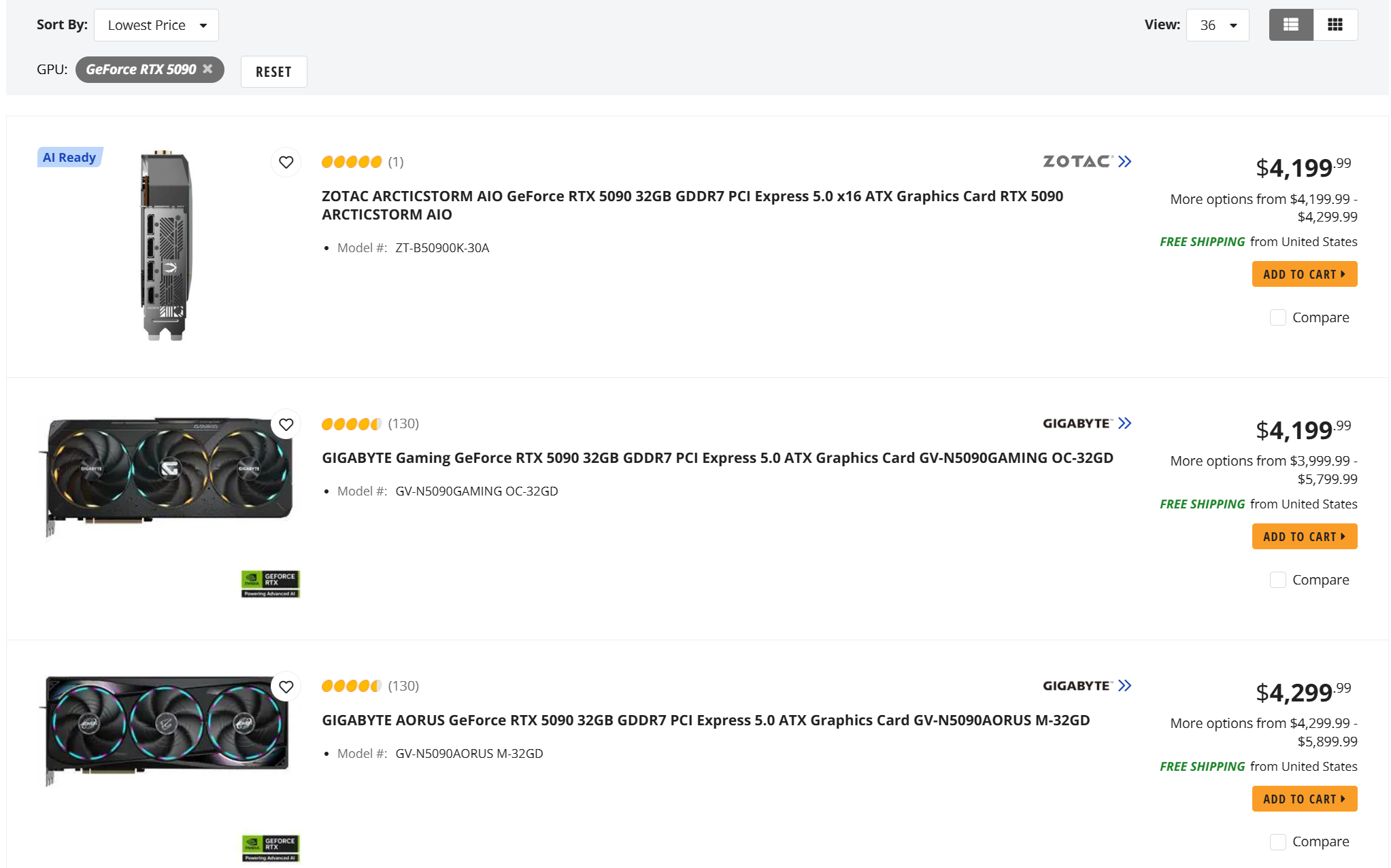 Screenshot of Newegg.com showing the lowest available GeForce RTX 5090 prices on June 10th 2026