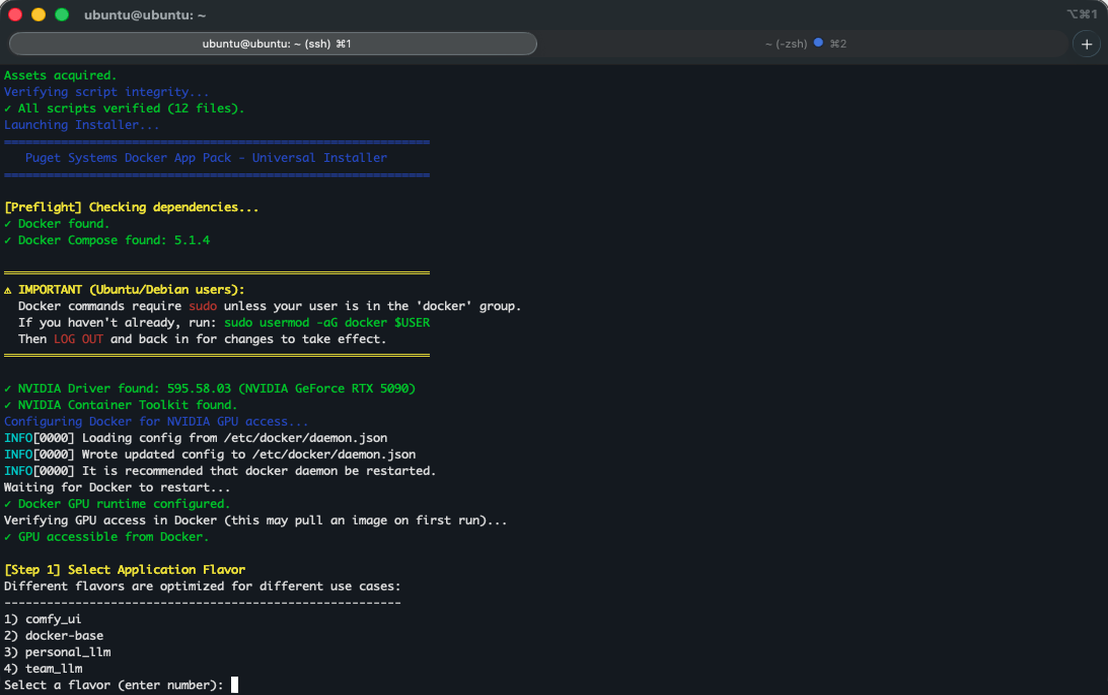 Screenshot of Puget Systems App Pack Docker Setup