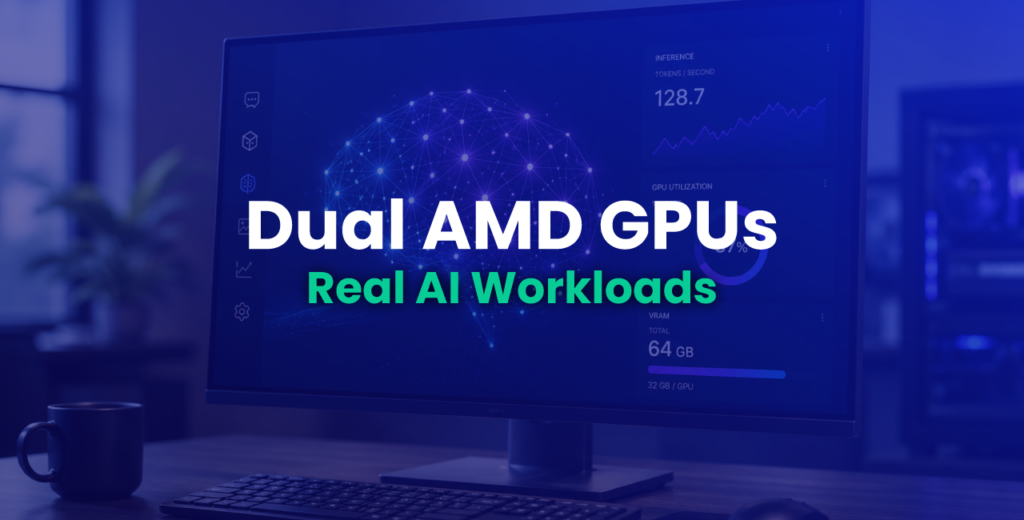 Dual AMD GPUs Text Over Blue Shaded Background with Computer Monitor