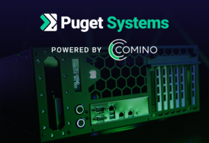 Puget Systems and Comino Logos Above a Comino Grando Rackmount GPU Server