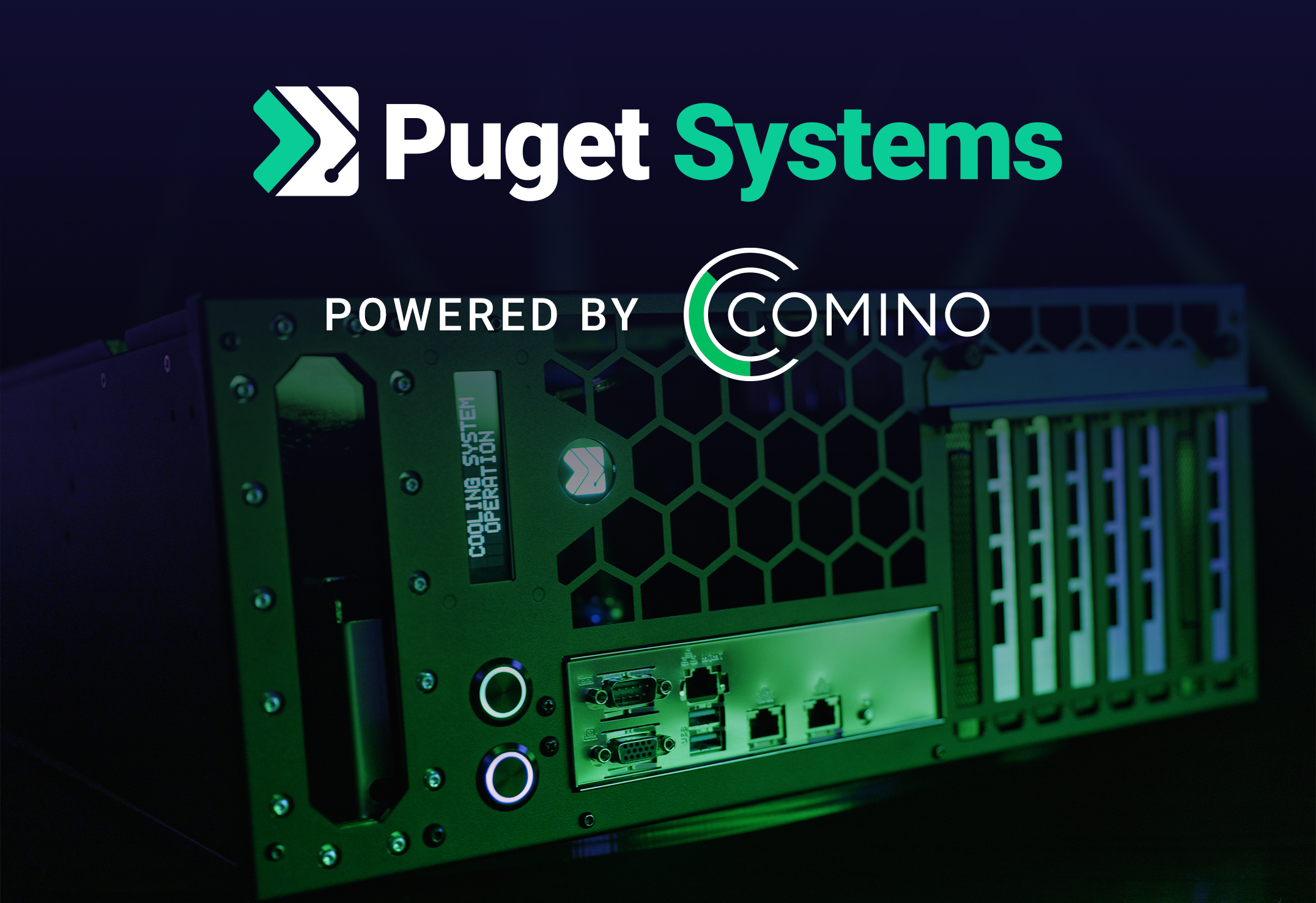 Puget Systems and Comino Logos Above a Comino Grando Rackmount GPU Server