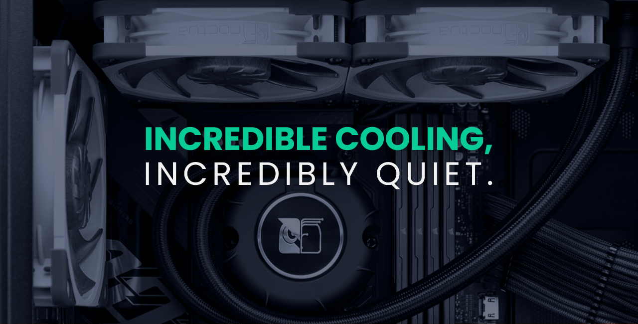 Noctua NL-LC1-240 Review Article Featured Image with "Incredible Cooling, Incredibly Quiet" Text Overlaid on Image of CPU Cooler Installed in a PC