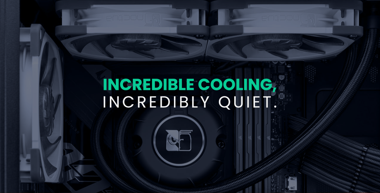 Noctua NL-LC1-240 Review Article Featured Image with "Incredible Cooling, Incredibly Quiet" Text Overlaid on Image of CPU Cooler Installed in a PC