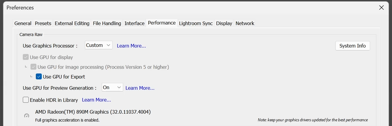 Lightroom Classic recommended settings for performance
