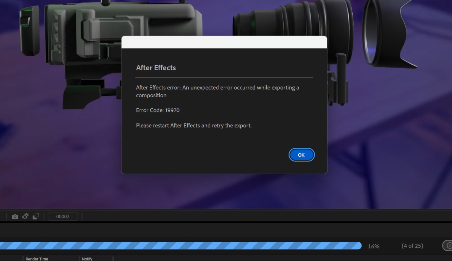After Effects v26.5 crashing on 3D Camera Explode benchmark test